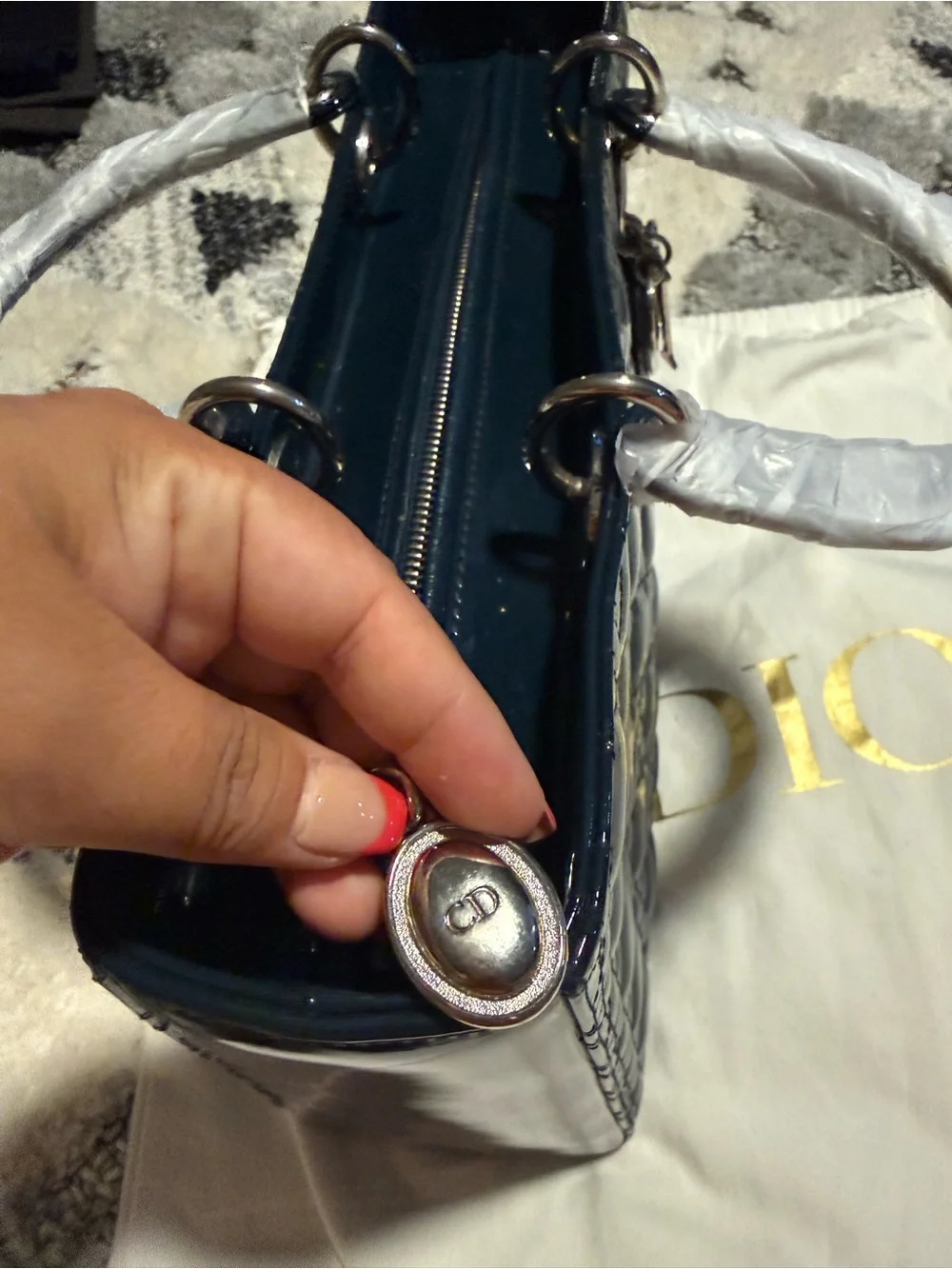 Dior Navy Patent Quilted Tote with CD Charm